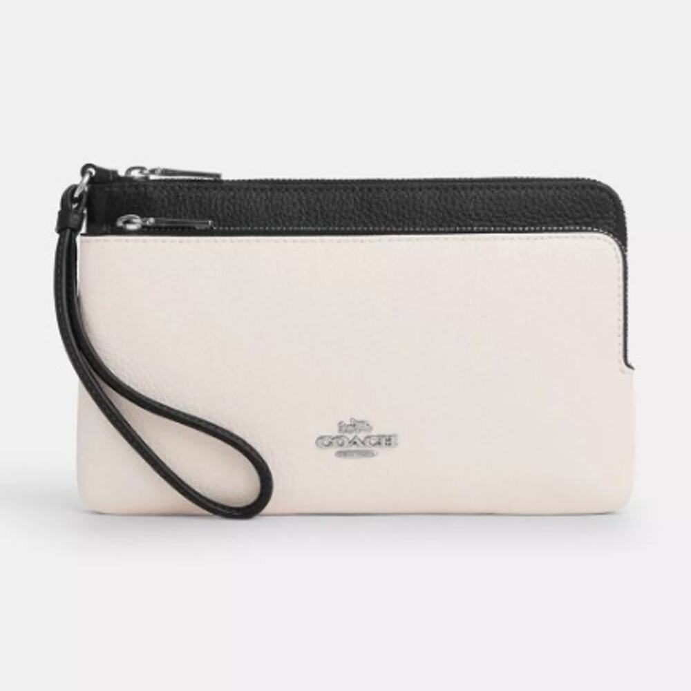 Last 1‼️Coach CU921 Double Zip Wallet pebbled leather/Silver/Chalk Black Multi
